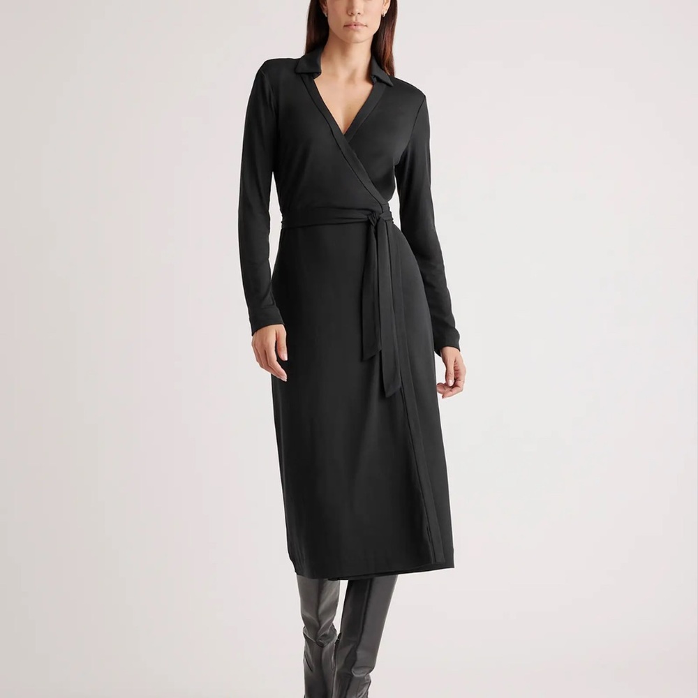 Quince Silk Black Wrap Dress xs NWOT